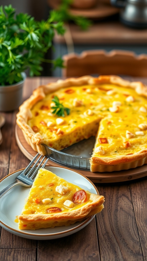 A slice of corn quiche on a plate, showcasing the creamy filling and garnished with herbs, with the whole quiche in the background.